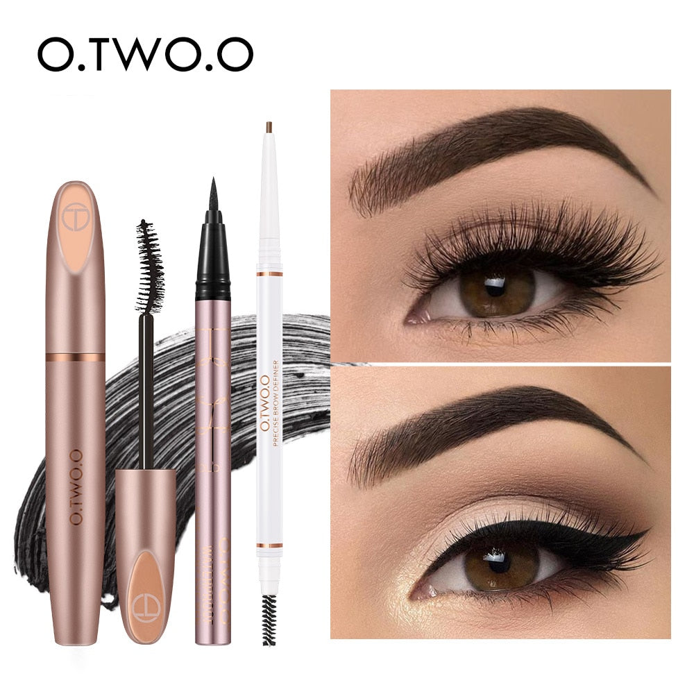 O.TWO.O 3pcs Eyes Makeup Set Ultra Fine 1.5mm Eyebrow Lengthening Mascara Long Lasting Waterproof Eyeliner Cosmetic Kit