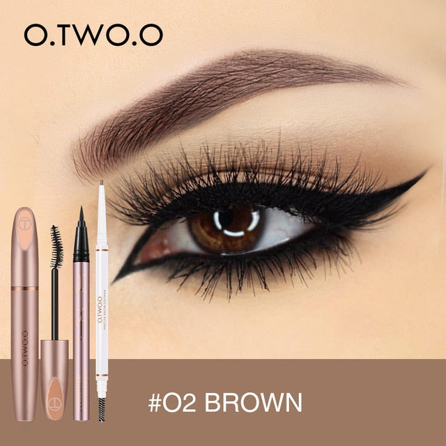 O.TWO.O 3pcs Eyes Makeup Set Ultra Fine 1.5mm Eyebrow Lengthening Mascara Long Lasting Waterproof Eyeliner Cosmetic Kit