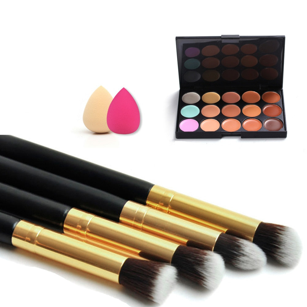 Pro Makeup Sets 15 Color Concealer Eyeshadow Palette + 4pcs Makeup Powder Brushes + 2pcs Sponge Puff Cosmetics Make Up Tool Kit